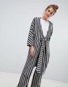 Pull & Bear Long Sleeve Kimono In Stripe (join Life) - Black