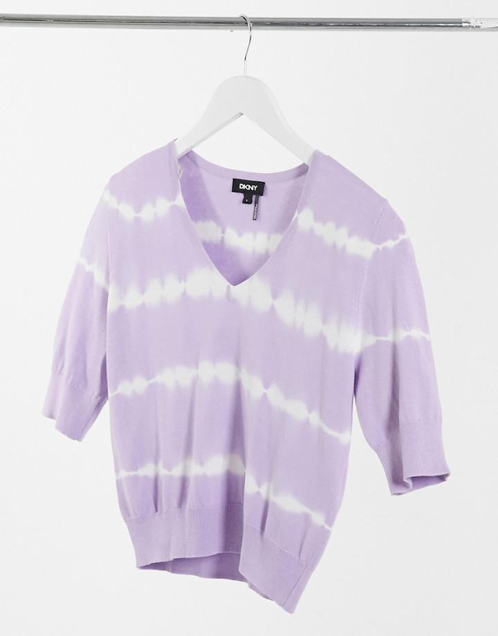 Dkny Elbow Sleeve V Neck Tie Dye Top-purple
