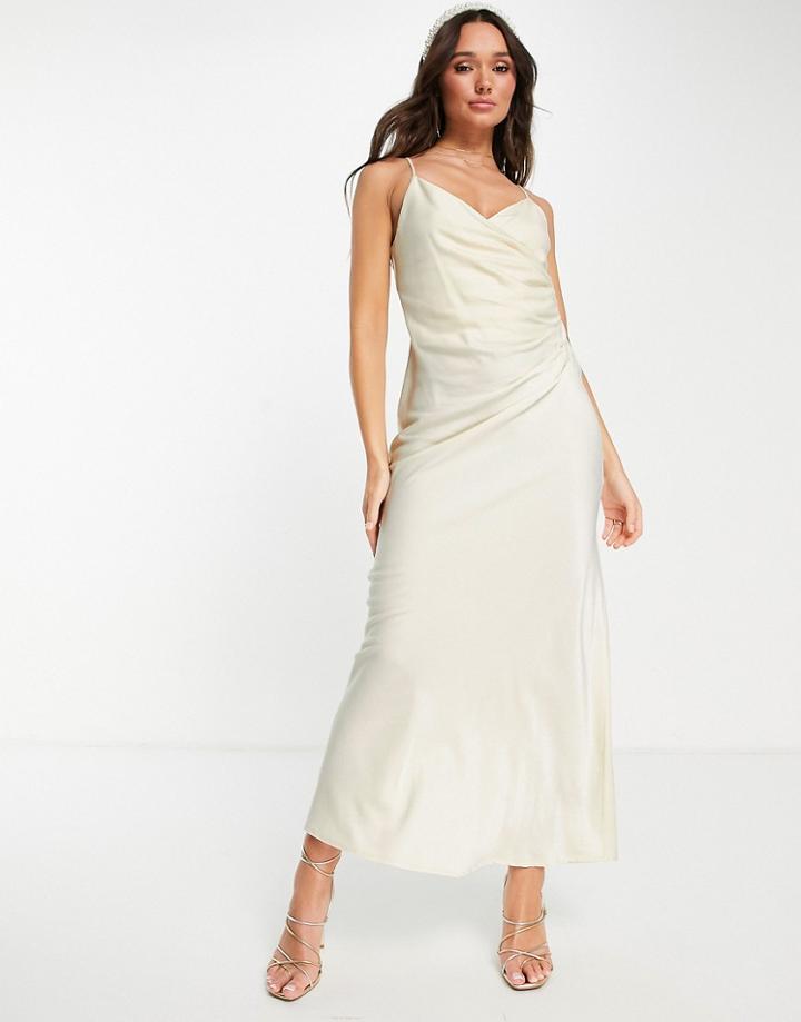 Vila Bridal Cami Maxi Dress With Ruching In Cream Satin-white