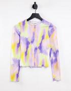Monki Long Sleeve Mesh Top In Lilac Print-purple