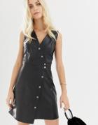 Asos Design Sleeveless Popper Mini Dress In Pu - Black