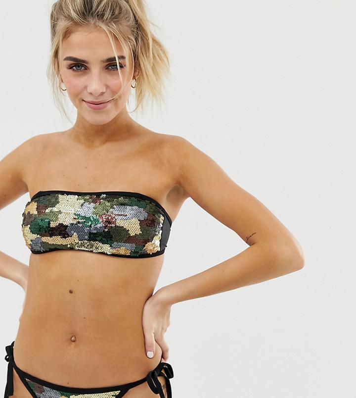 New Look Sequin Bandeau Bikini Top In Camo Pattern - White