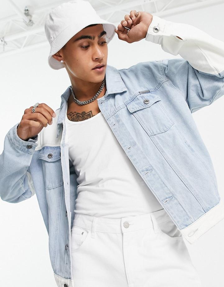 Liquor N Poker Oversized Denim Jacket In Light Blue And White Patchwork-blues