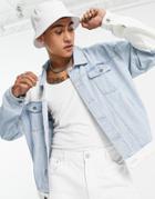 Liquor N Poker Oversized Denim Jacket In Light Blue And White Patchwork-blues