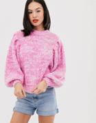 Asos Design Sweater In Lofty Yarn With Volume Sleeve - Pink