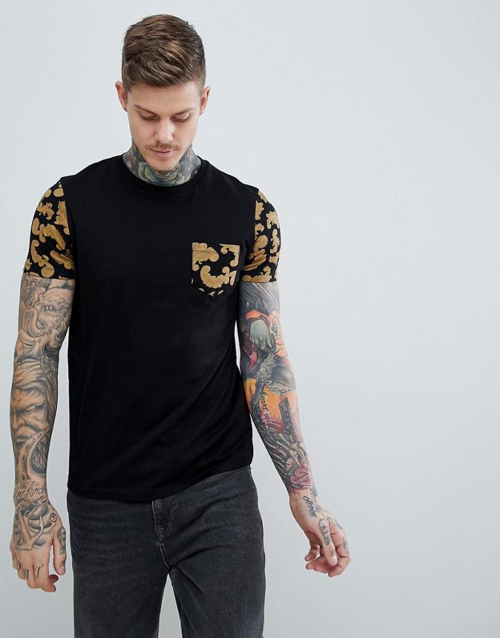 Asos Design T-shirt With Baroque Print Sleeves And Pocket - Black
