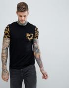 Asos Design T-shirt With Baroque Print Sleeves And Pocket - Black