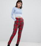 Missguided Check High Waist Pants In Red Check - Red