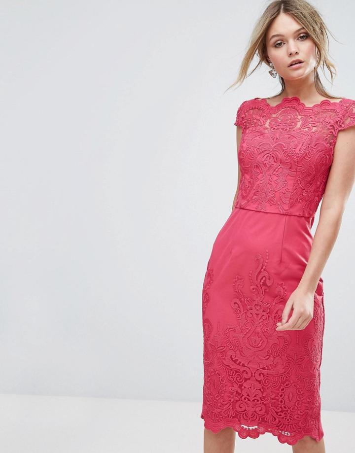 Chi Chi London Bardot Lace Pencil Dress - Pink