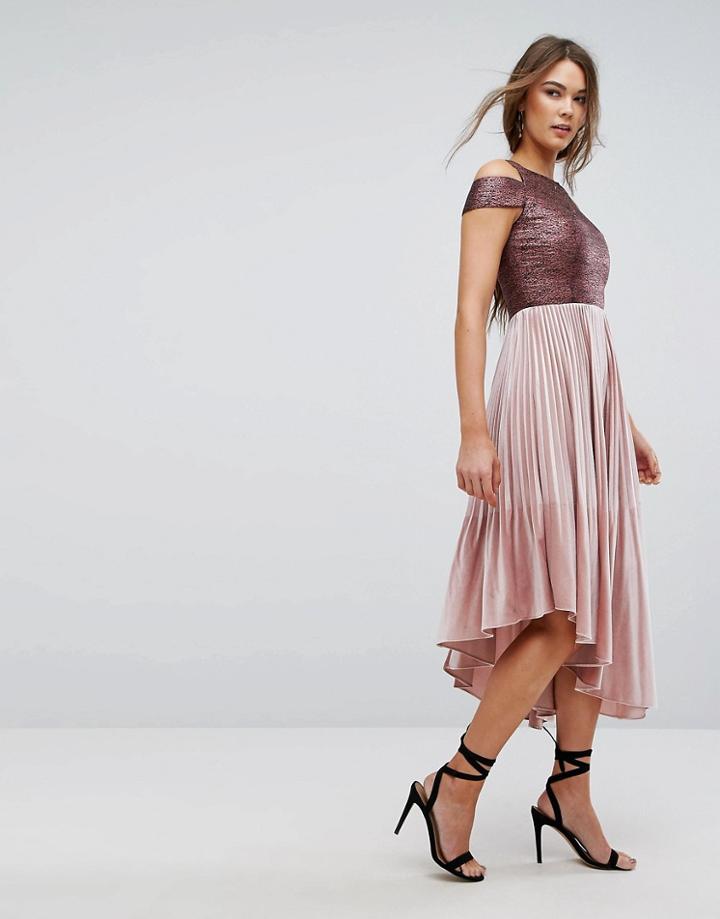 Coast Delores Velvet Pleated Dress - Pink