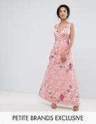 Little Mistress Petite Wrap Front Detail Prom Dress In All Over Floral Printed Lace - Multi