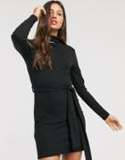 Brave Soul Mariana Roll Neck Belted Midi Dress In Rib-black