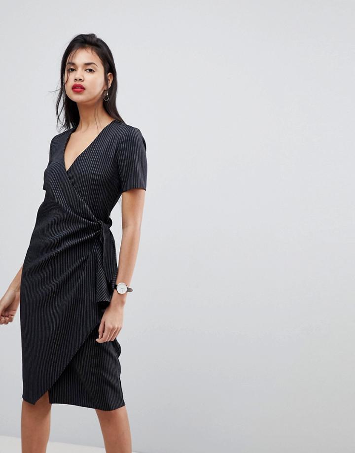 Asos Clean Wrap Tie Midi Dress In Stripe - Multi