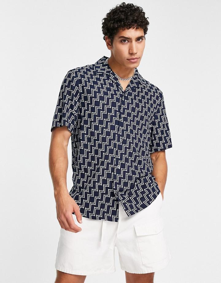 French Connection Geo Print Revere Collar Shirt In Navy