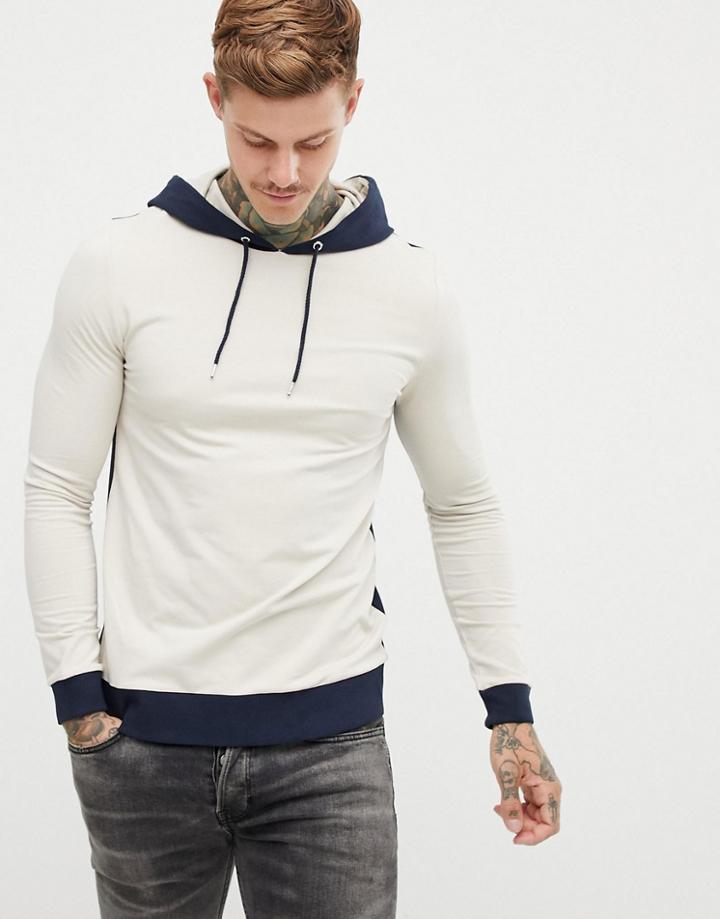 Asos Design Muscle Hoodie With Color Blocking In Beige And Navy - Beige