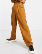 Asos Design High Waist Wide Leg Suit Pants In Twill In Brown