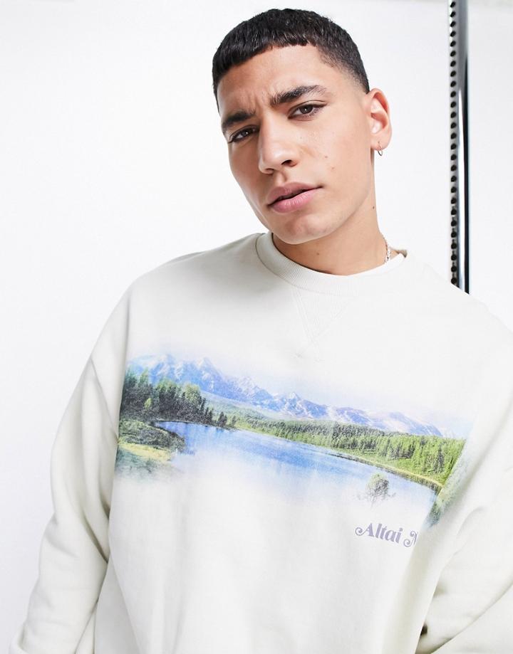 Asos Design Oversized Sweatshirt In Light Gray With Photographic Scenic Chest Print-grey
