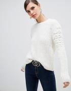 River Island Sweater With Textured Sleeve In Cream