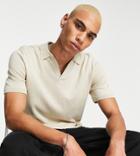 Asos Design Knitted Notch Neck Polo Shirt In Beige-neutral
