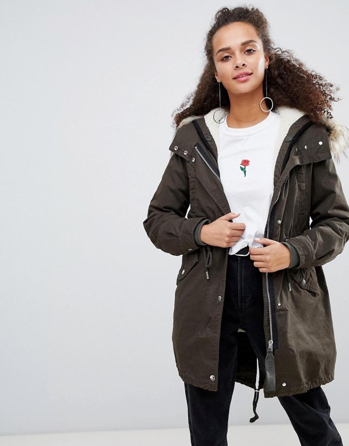 Bershka Hooded Parka Coat In Khaki - Blue