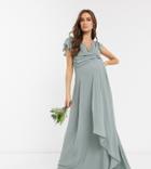 Tfnc Maternity Bridesmaid Flutter Sleeve Ruffle Detail Maxi Dress In Sage-green