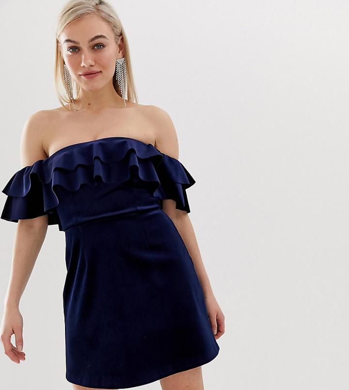 Asos Design Petite Velvet Bardot Mini Dress With Ruffle Detail-red