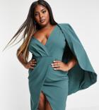 Lavish Alice Plus One Shoulder Cape Midi Pencil Dress With Thigh Slit In Sage-green