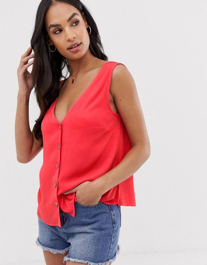 Asos Design Button Through Tank In Crinkle - Red