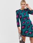 Liquorish Shift Dress In Satin Bright Leopard Print With Lace Trim And Ruched Side - Multi