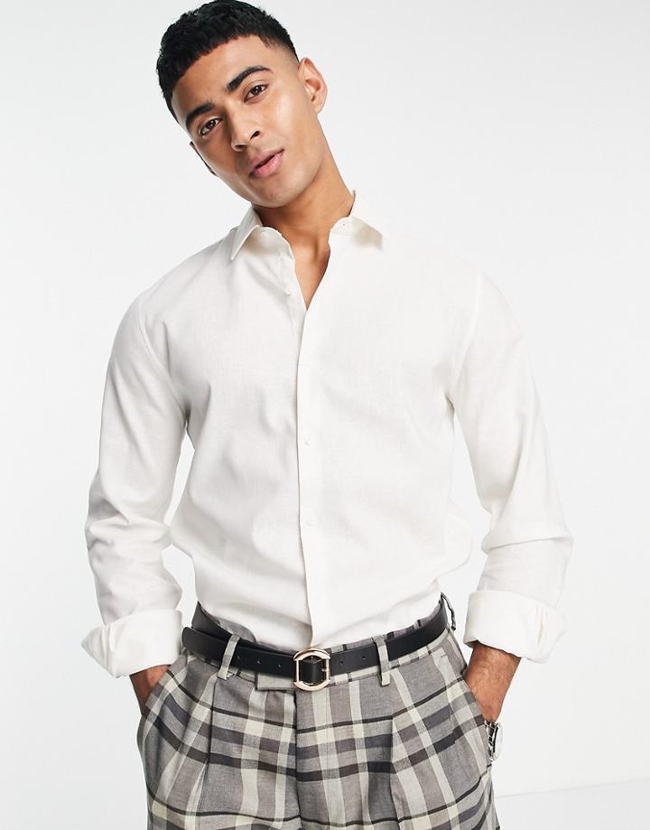 Topman Smart Long Sleeve Linen Shirt In White