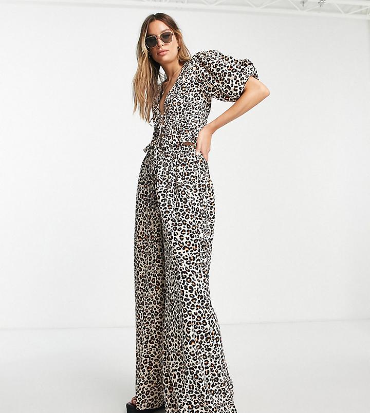 Influence Tall Beach Crop Top And Pants In Leopard Print-brown