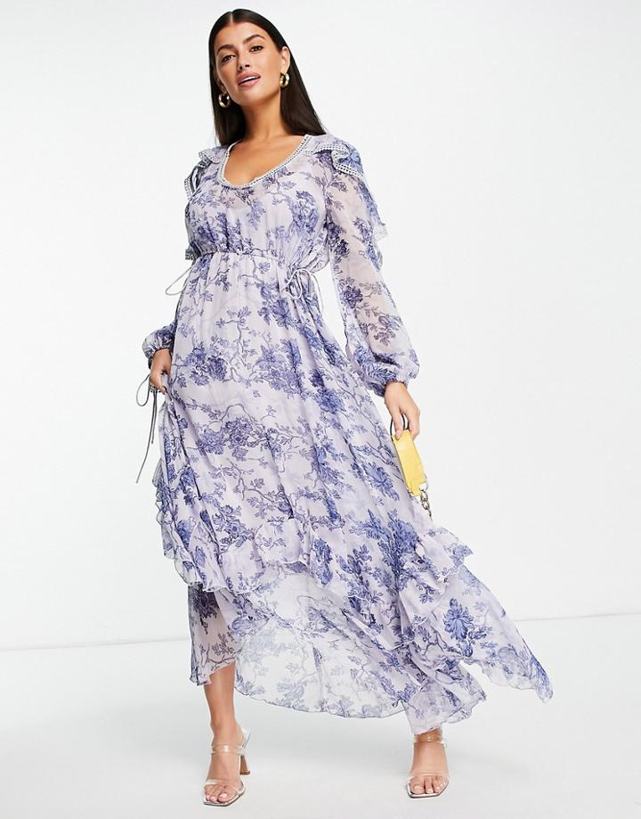 Asos Design Drape Ruffle Maxi Dress With Lace Insert And Tassle Detail-multi