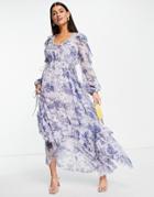 Asos Design Drape Ruffle Maxi Dress With Lace Insert And Tassle Detail-multi