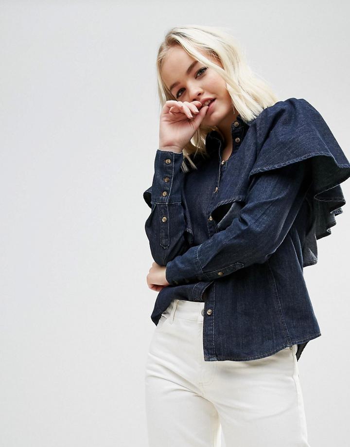 Asos Denim Shirt With Ruffle Detail In Indigo - Blue
