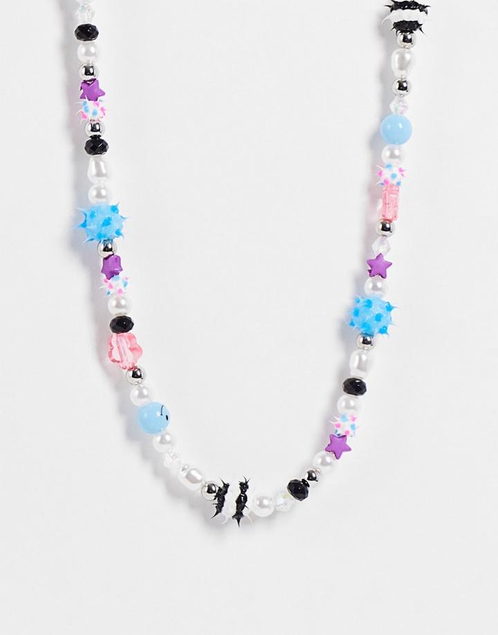Asos Design Beaded Necklace With Spikey Rubber Bead-multi