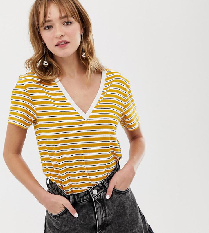 Monki Stripe V-neck T-shirt In Yellow - Yellow