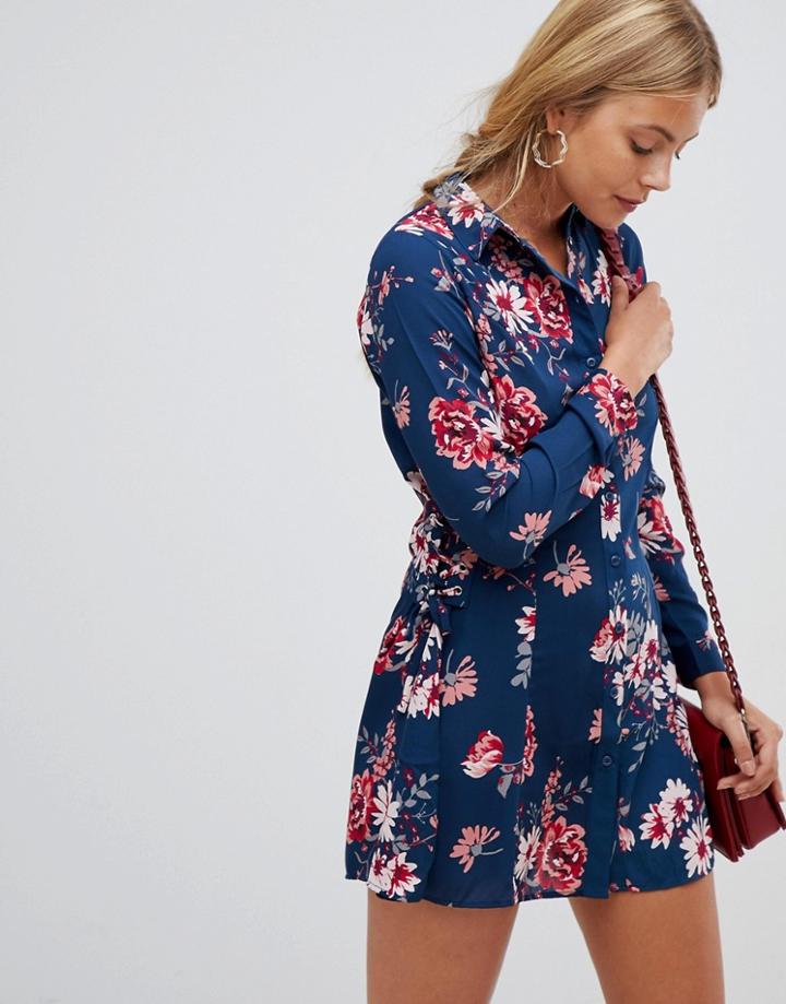 Qed London Lattice Tie Side Detail Floral Swing Shirt Dress - Navy