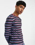 Asos Design Skinny Long Sleeve Stripe T-shirt In Gray & Blue-purple