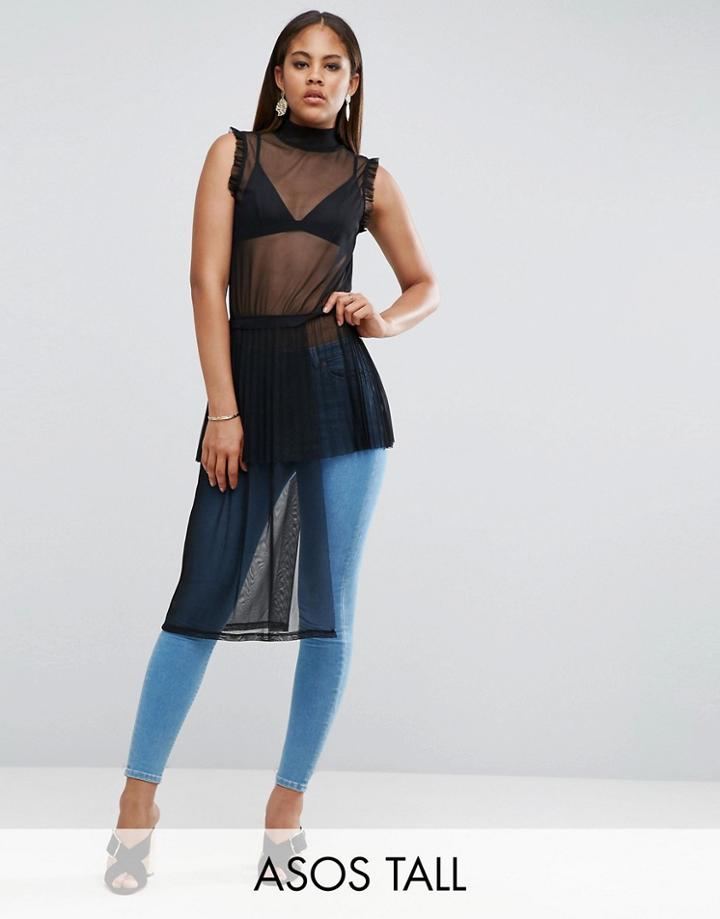Asos Tall Mesh Longline Top With Asymmetric Pleat Detail - Black