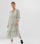 Ghospell Exclusive Oversized Midi Smock Dress With Ruffle Detail In Vintage Ditsy Floral-cream