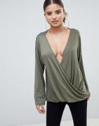 Prettylittlething Drape Wrap Top - Green