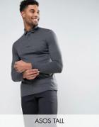 Asos Tall Long Sleeve Jersey Polo In Charcoal Marl - Gray