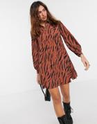 River Island Printed Smock Mini Shirt Dress In Brown