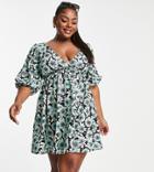 Asos Design Curve Mini Textured Frill Smock Dress In Aqua Daisy Floral-blues
