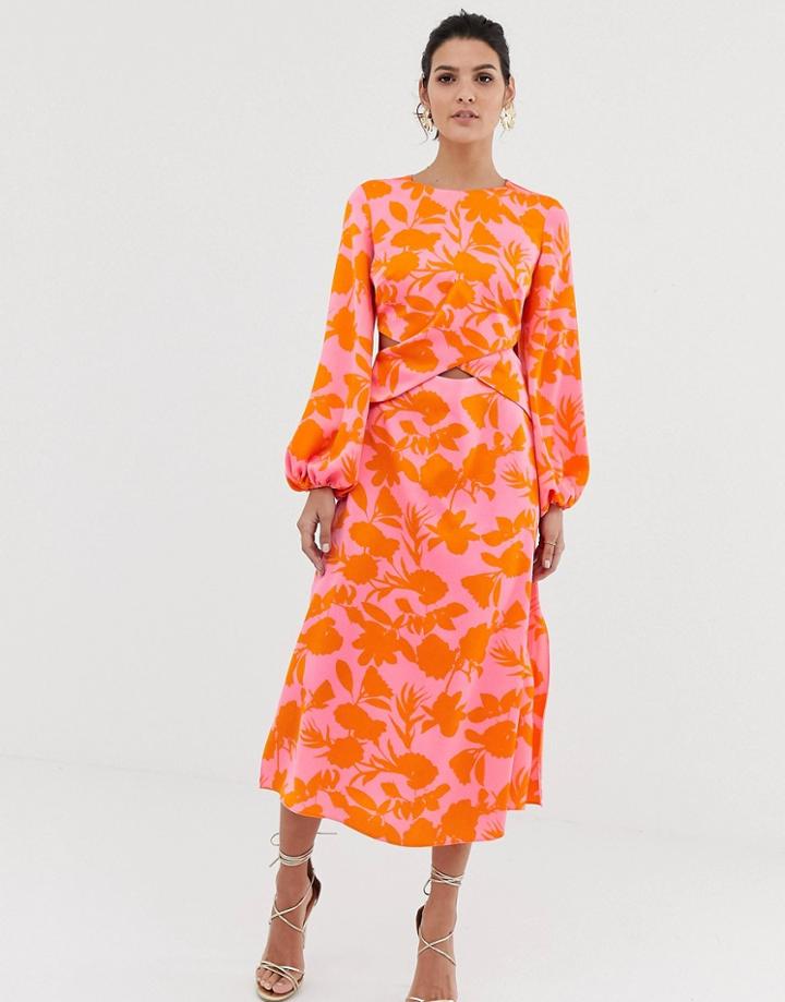 Asos Design Wrap Front Midi Dress With Cutout In Floral Print-multi