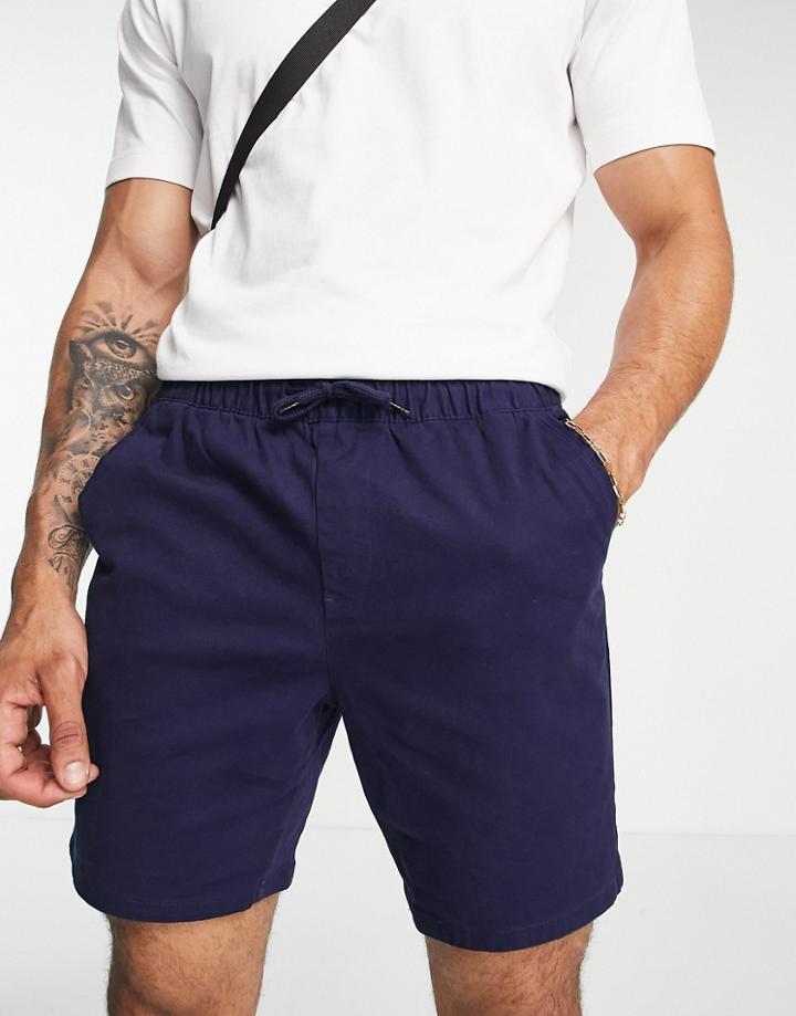 Asos Design Slim Chino Shorts With Elasticated Waist In Navy