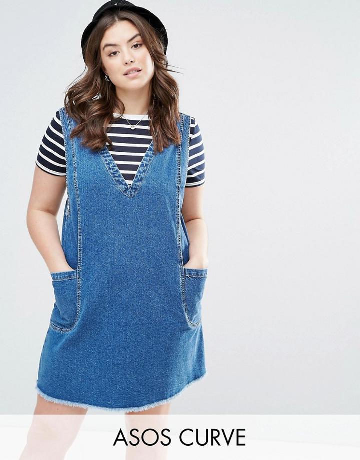 Asos Curve Denim Chuck On Mini Dress In Vintage Blue Wash - Blue
