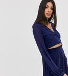 Tfnc Tall Knot Front Long Sleeve Wrap Two-piece Crop Top In Navy