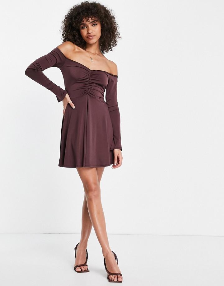 Flounce London Bardot Skater Dress In Dusky Purple