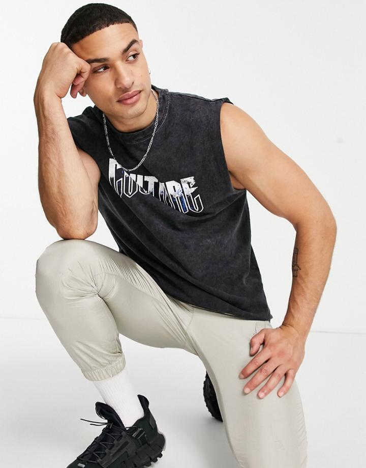 The Couture Club Flying Eagle Cut-off Tank Top In Acid Wash-grey